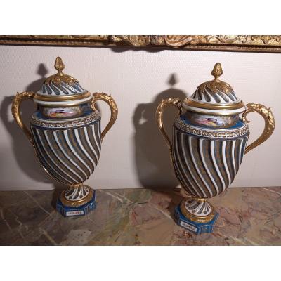 Pair Of Sèvres Vases End XIX Or Beginning XX Bronze Frame Louis XVI Style